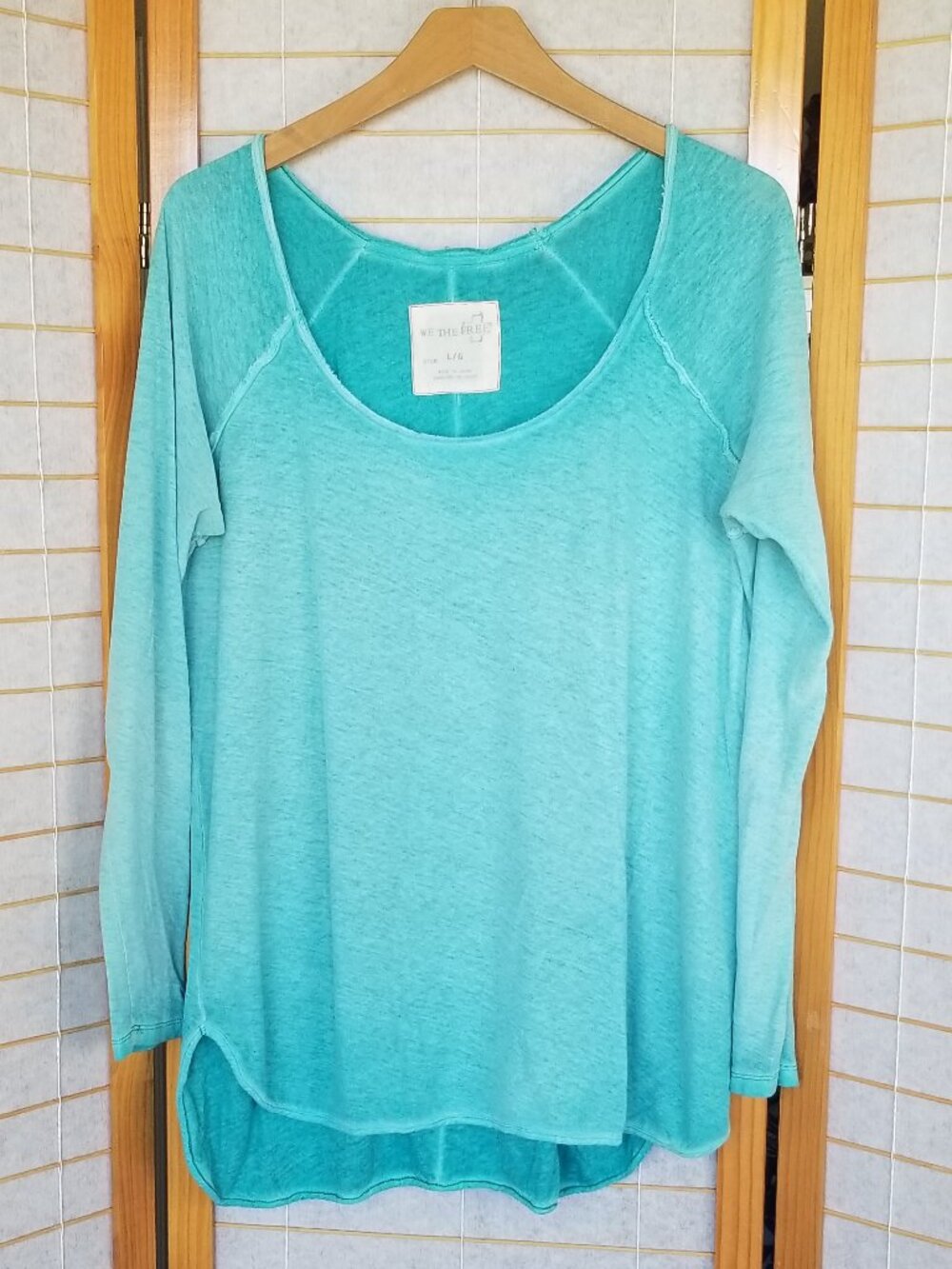 Free People Long Sleeve Burnout T-shirt Aquatic Scoop Hem Ombre' Large